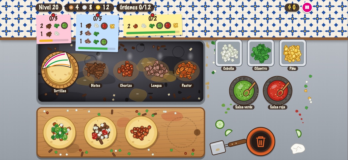 Partida: órdenes colgadas, plancha con carnes y tacos a medio armar